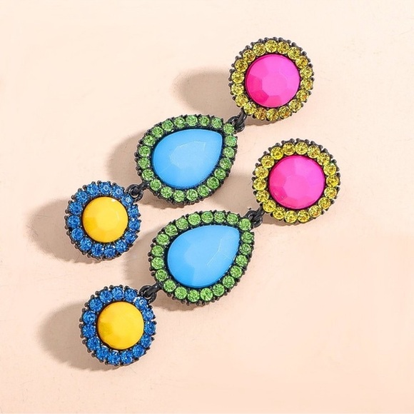 Candy Bright Bold Drop Statement Earrings Pink Blue Yellow Pierced - Picture 6 of 6